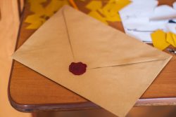 A brown envelope with a red wax seal